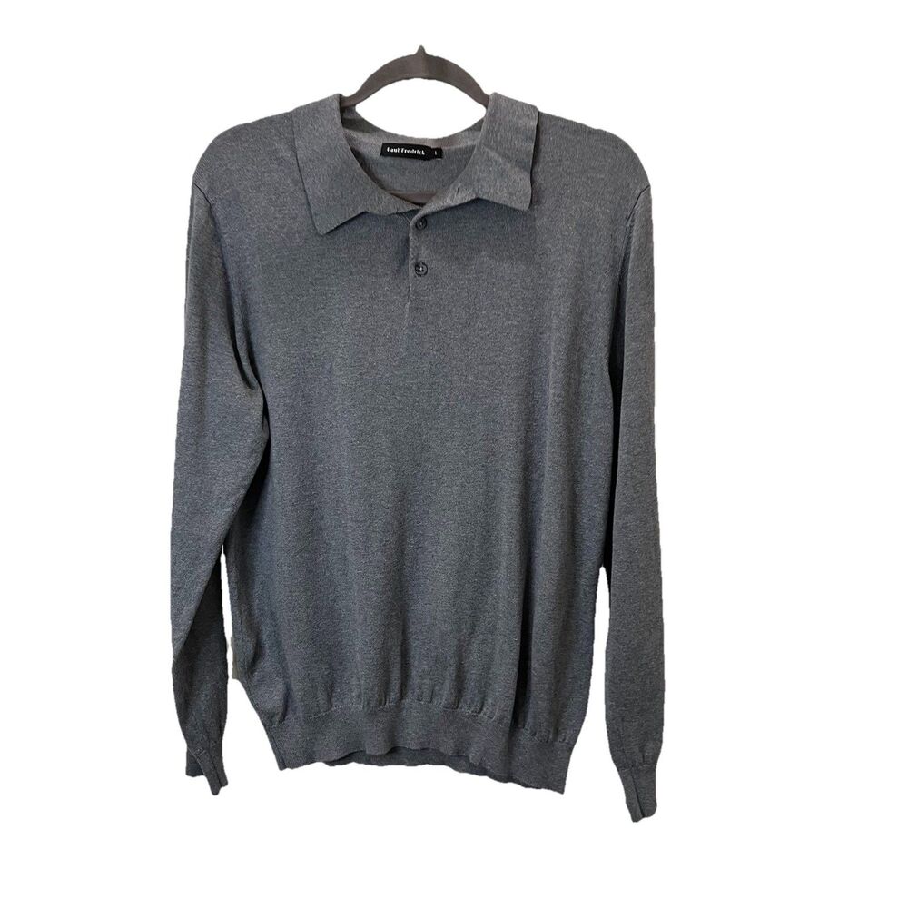 Paul Fredrick Shirt Mens Size L Gray Silk Cotton Cashmere Long Sleeve Polo